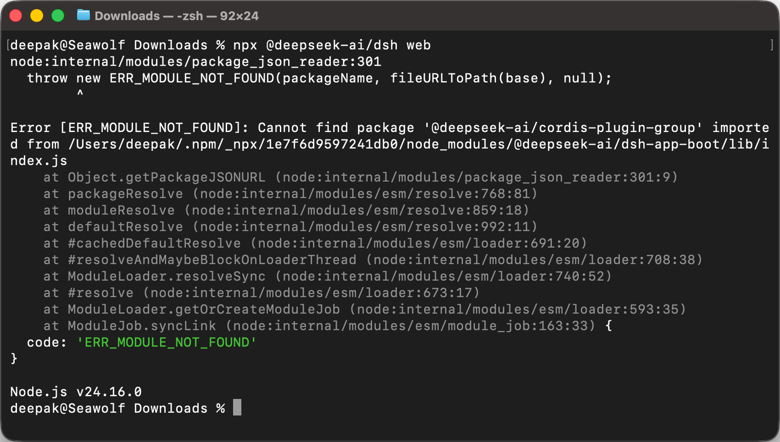DeepSeek harness installation npx command error