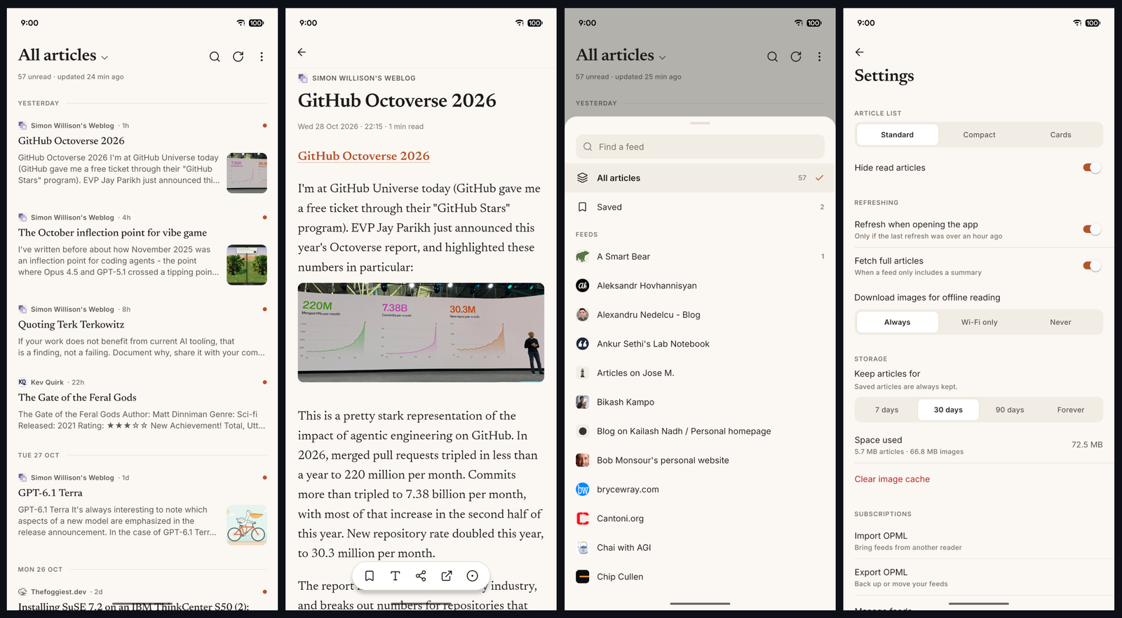 Feedline timeline, reader, feed picker and settings screens