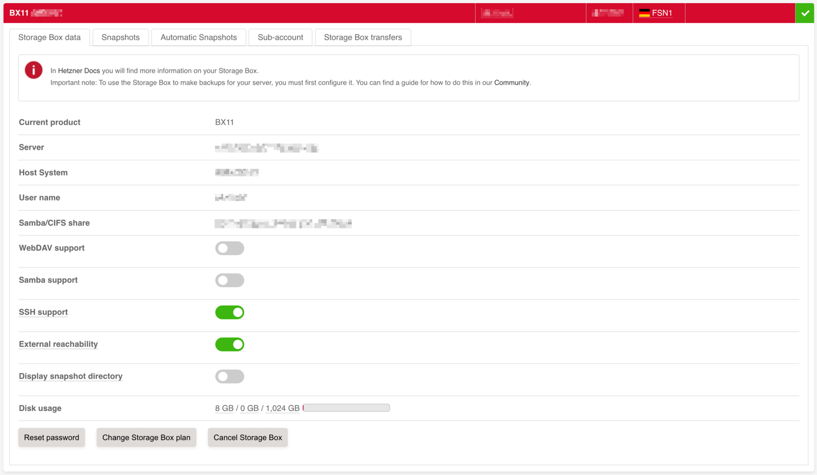 Hetzner Storage Box Settings