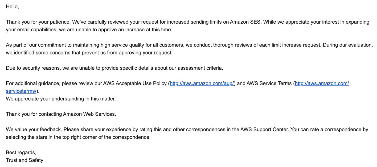 Amazon rejected my SES application
