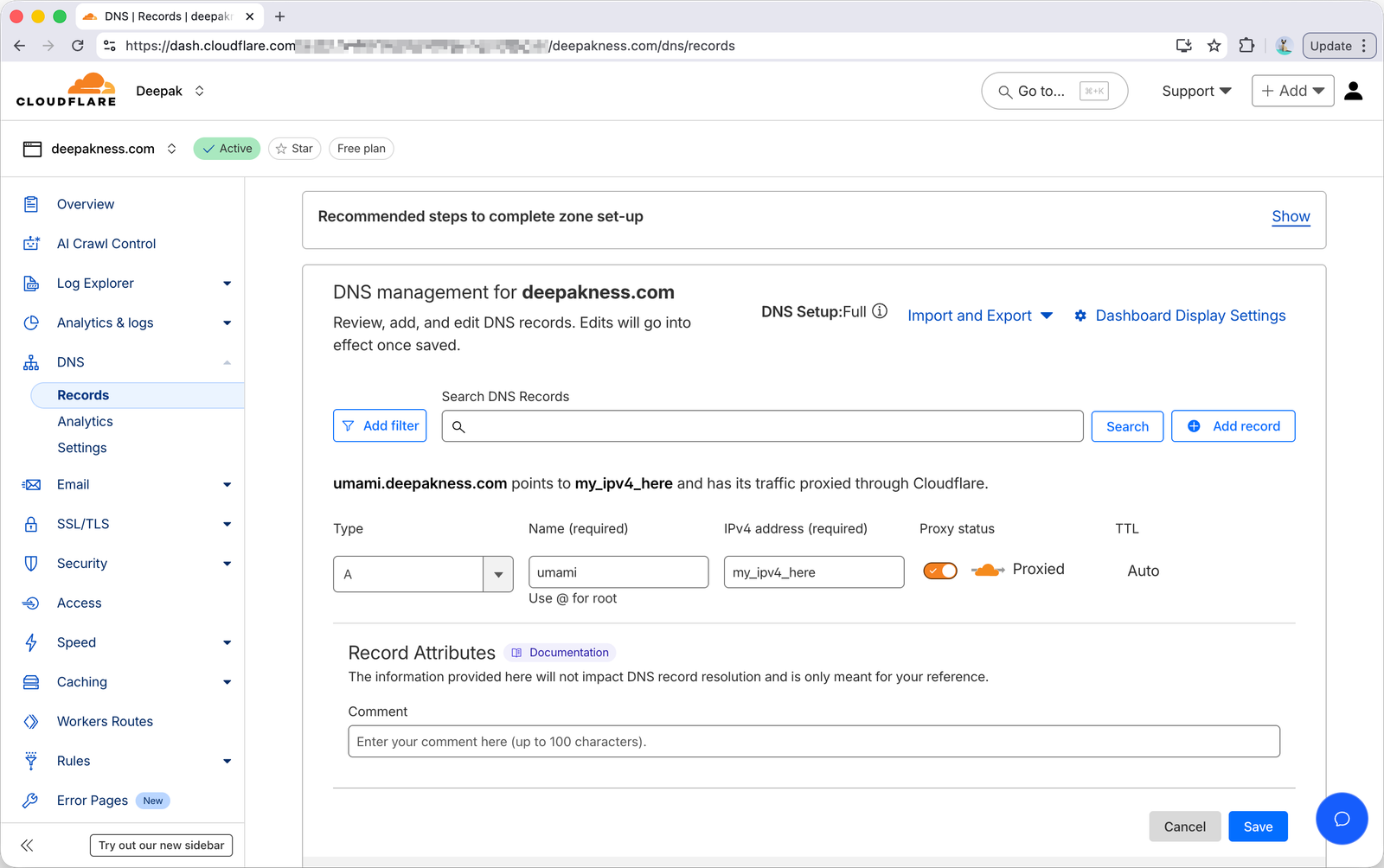 Adding a DNS record in Cloudflare.