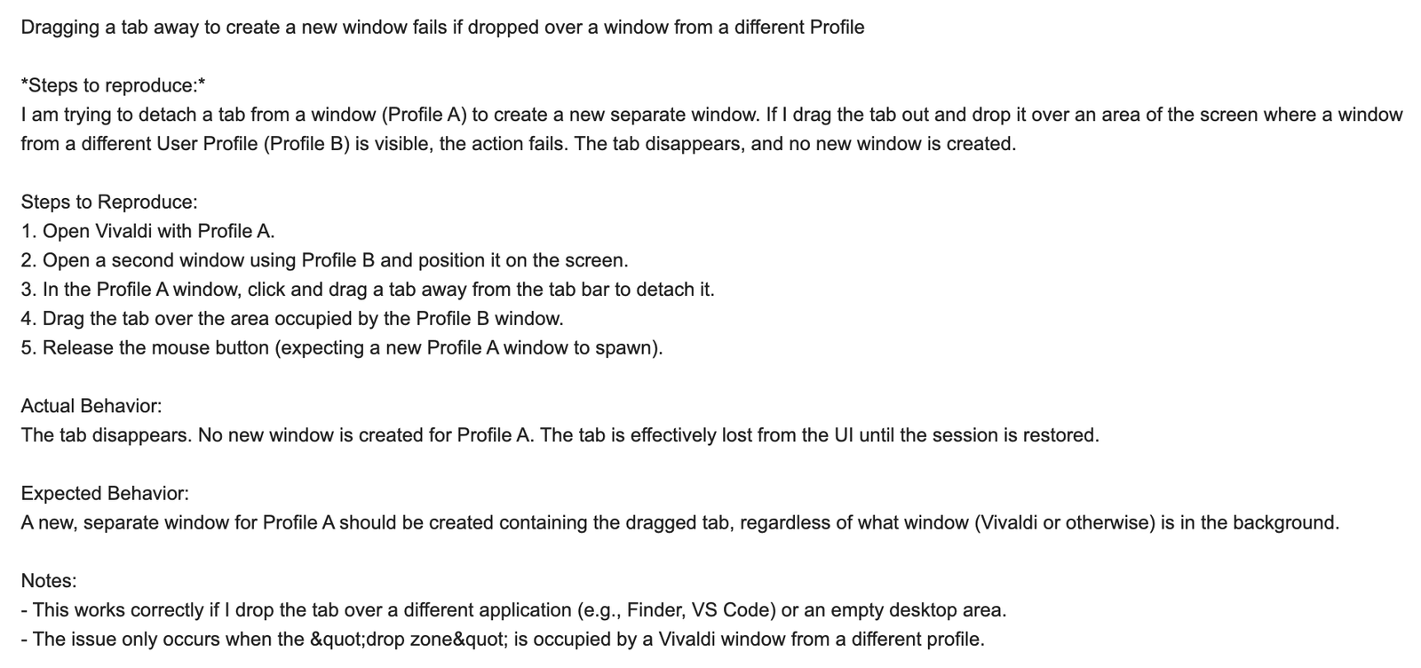 Vivaldi Tab dragging bug reported