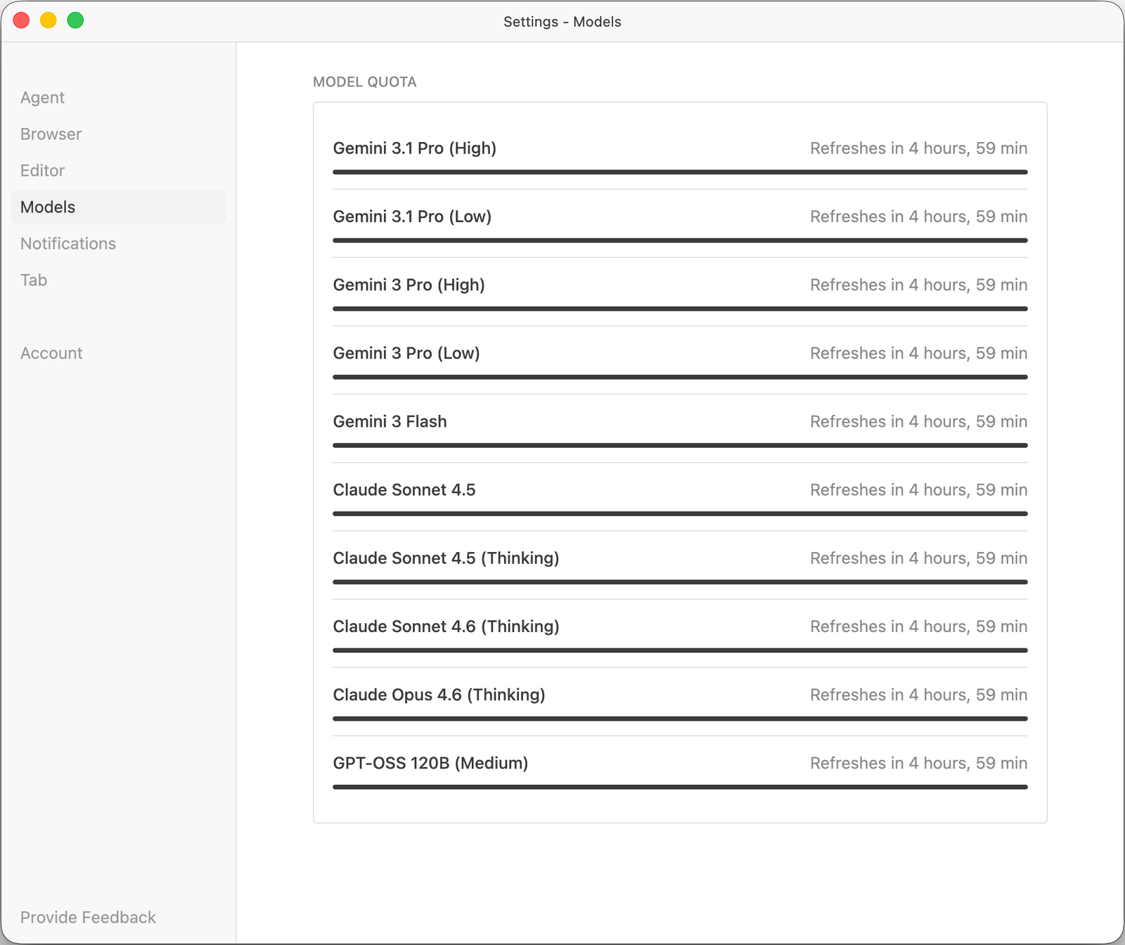 Antigravity models quota screen