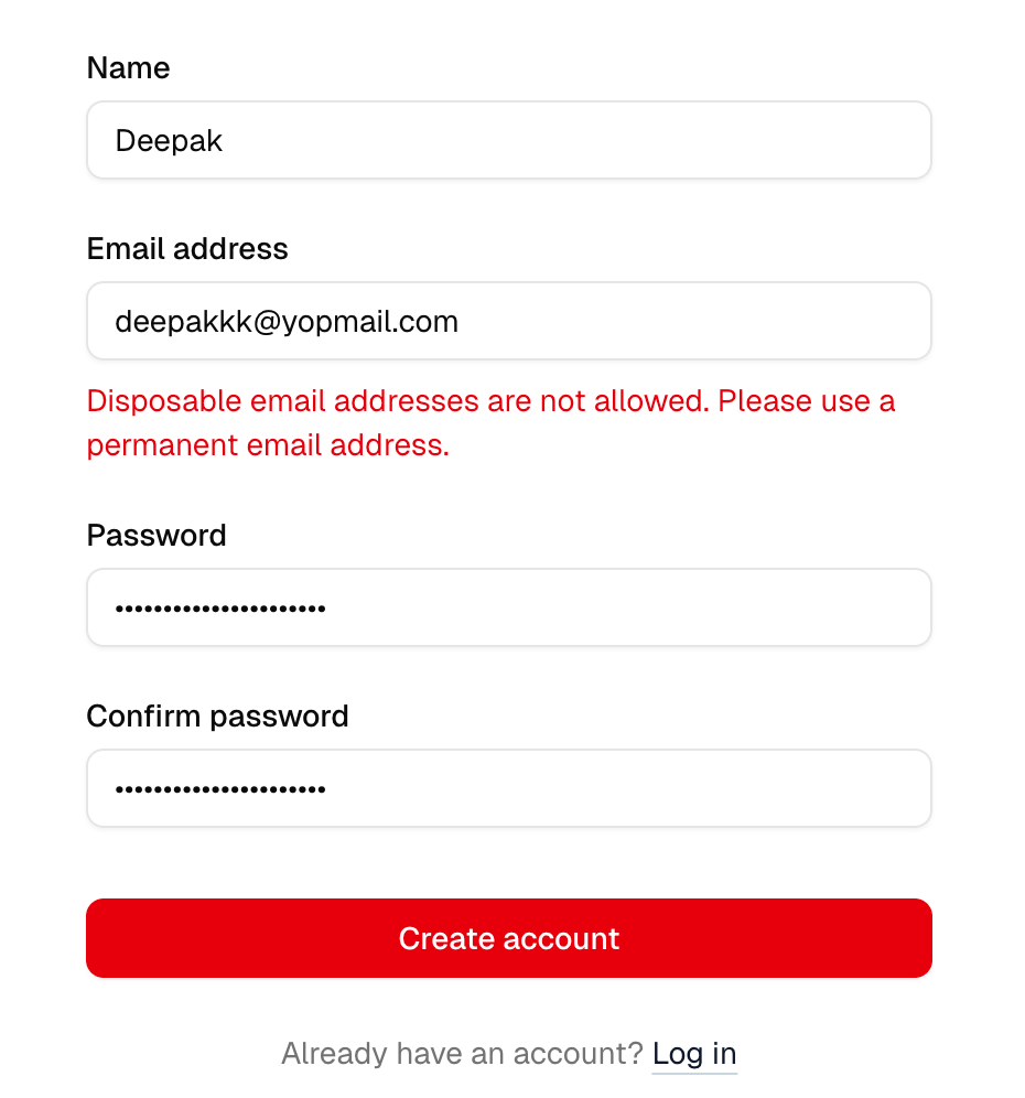 Disposable email signup block
