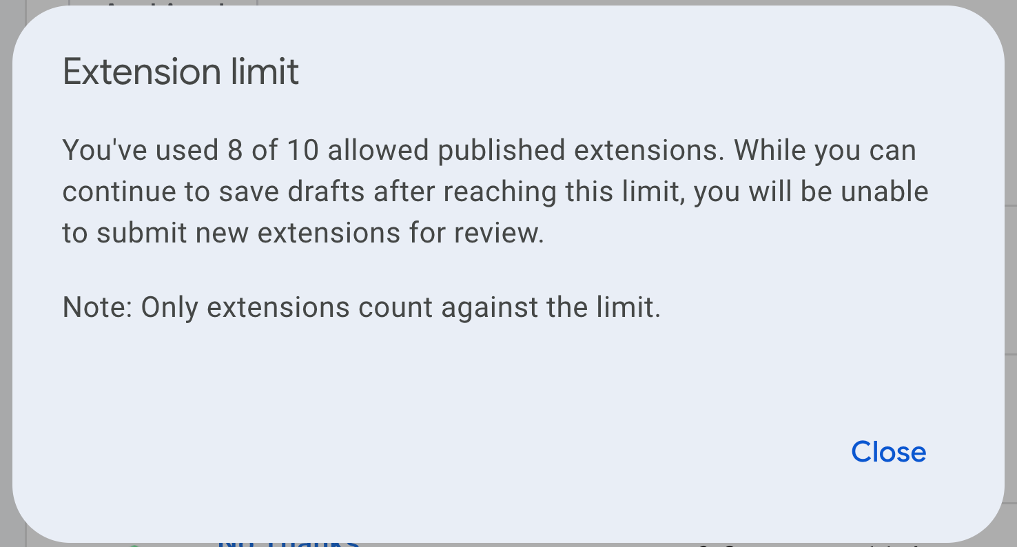 Chrome Web Store message shown for limits