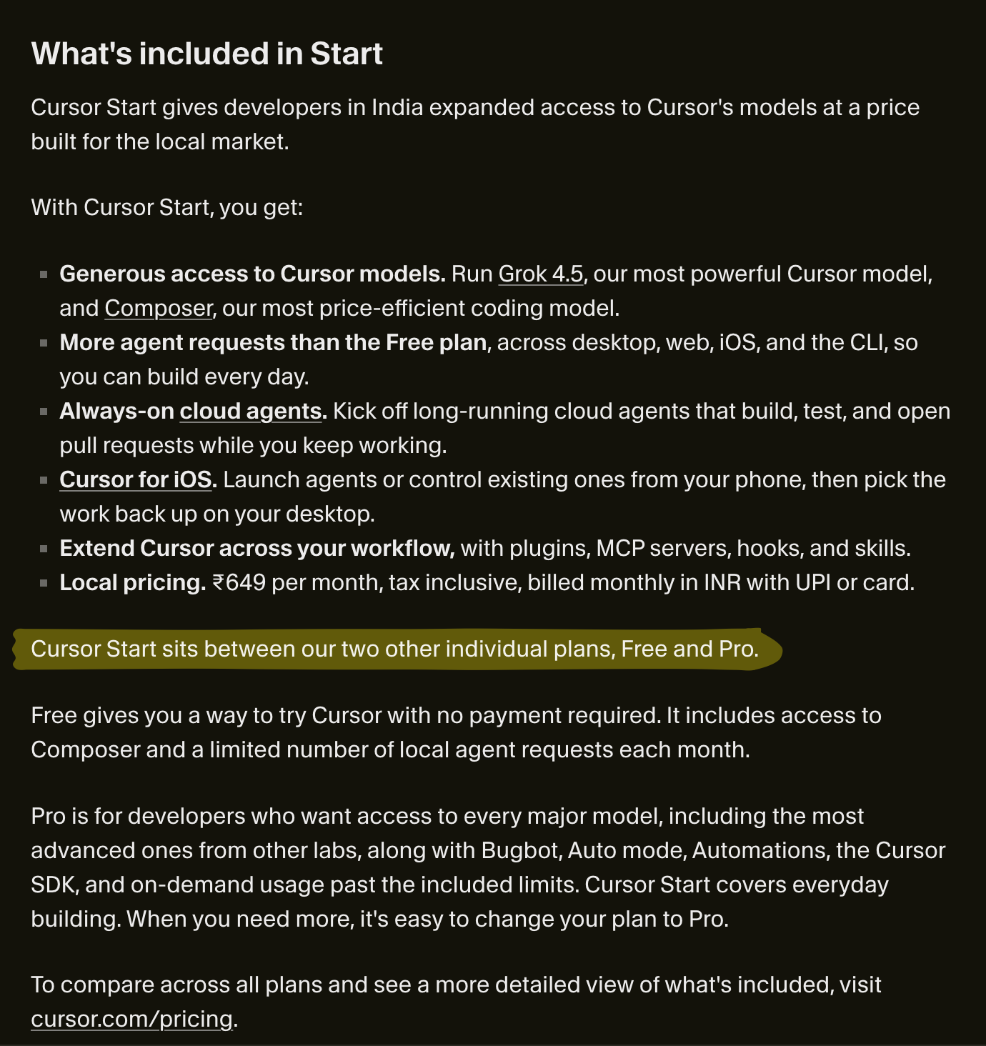 Cursor Start pricing plan