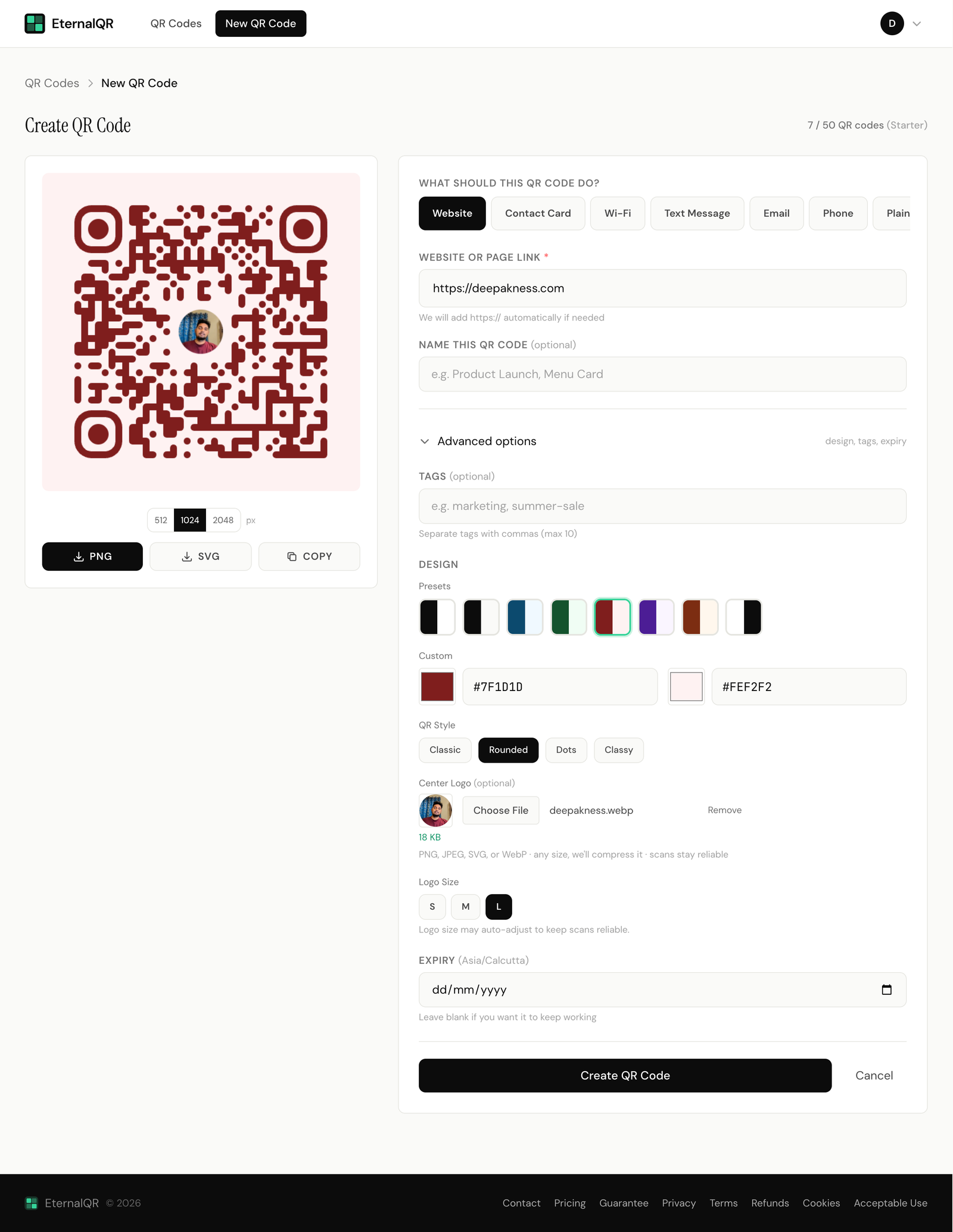 Creating new QR code in EternalQR app