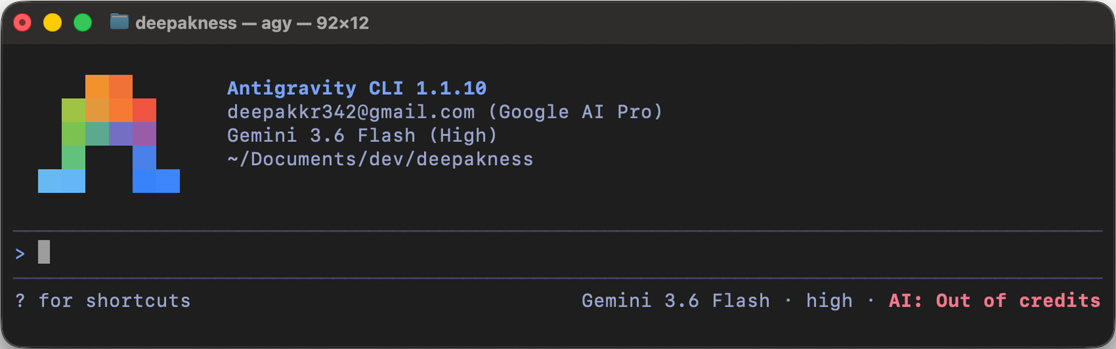 AI Out of credits error in Antigravity CLI footer