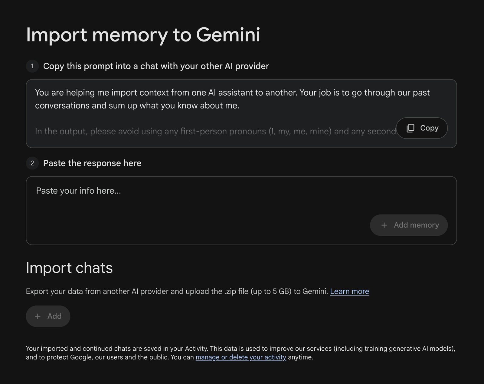 Import memory feature in Gemini