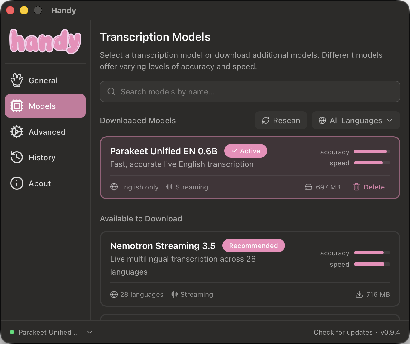 Handy app running Parakeet Unified EN 0.6B model