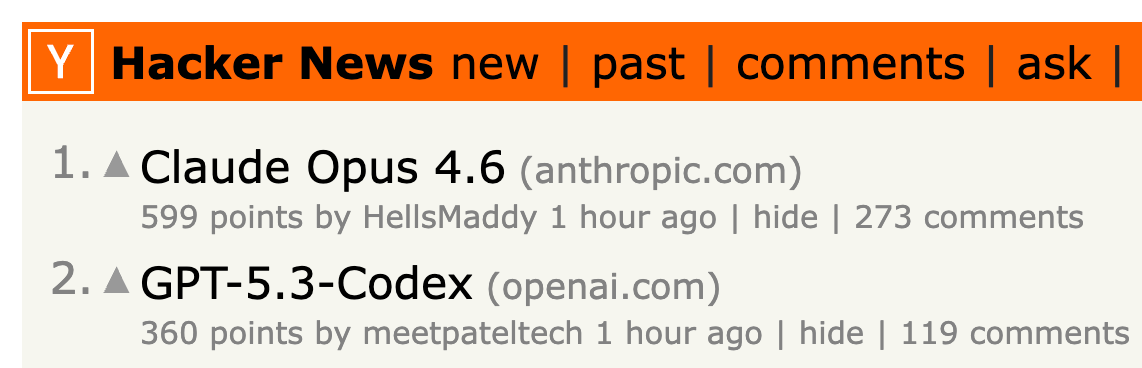 Opus 4.6 and GPT Codex 5.3 on HackerNews