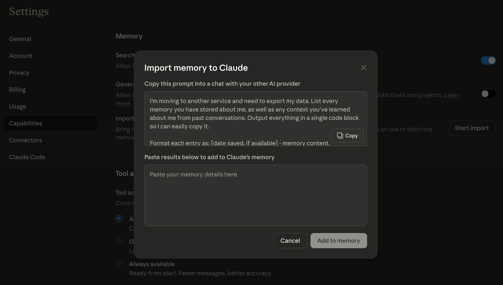 Import memory feature in Claude