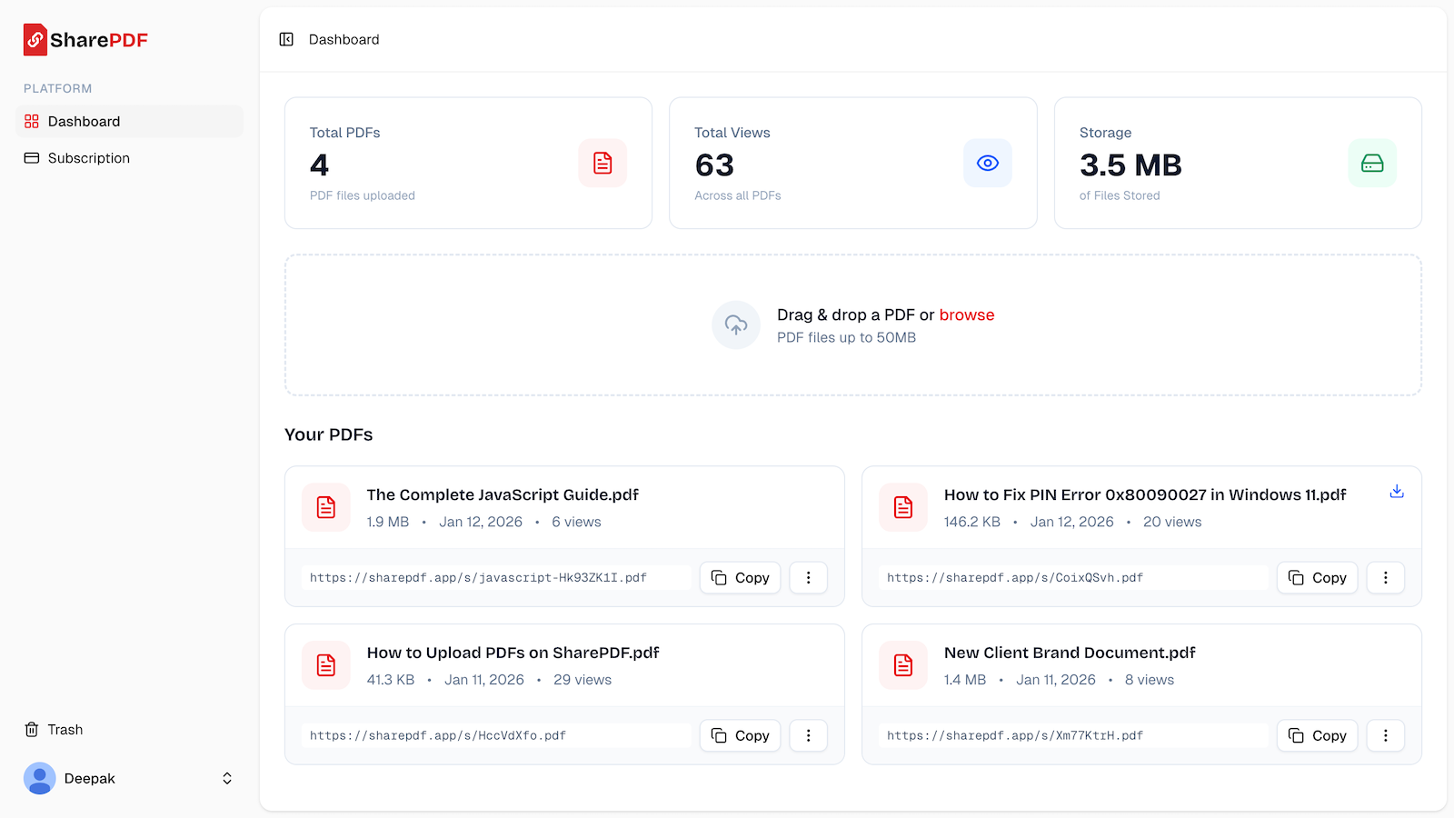 SharePDF app dashboard screenshot