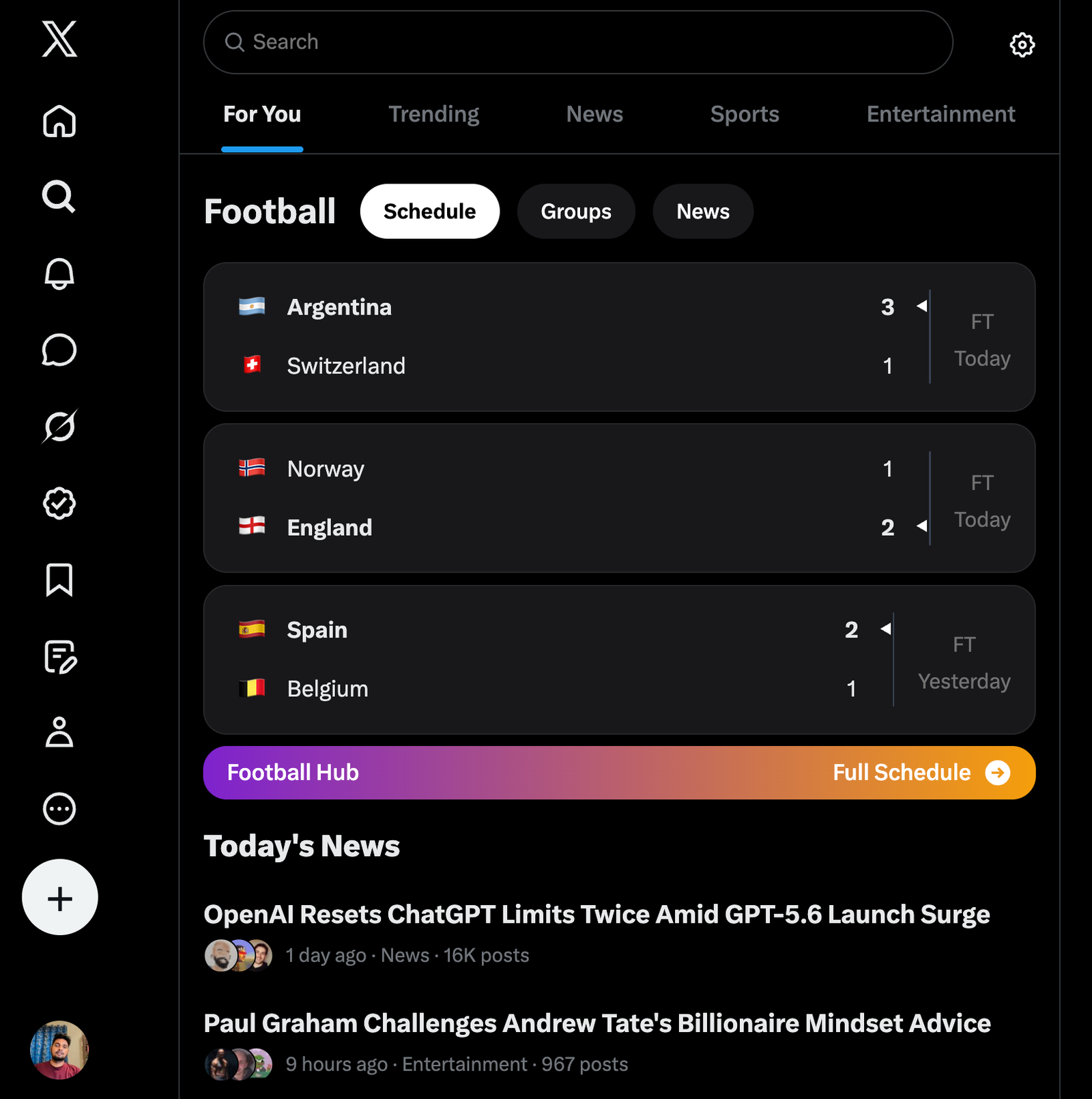 X Explore page Football section
