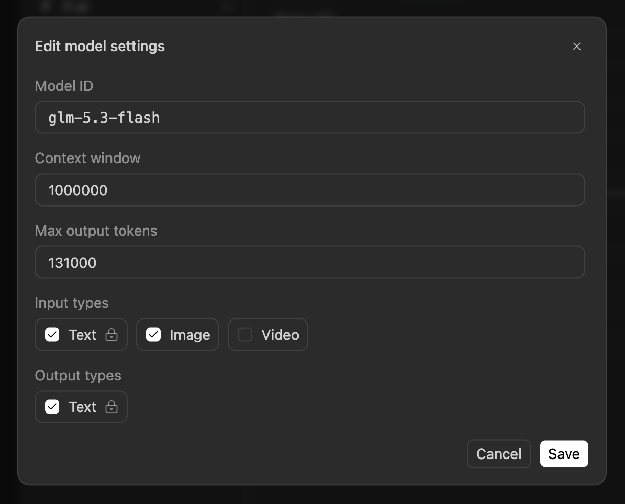Editing the glm-5.3-flash model settings in ZCode