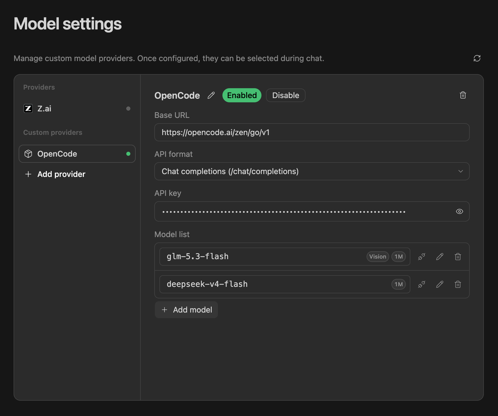 OpenCode provider configured in ZCode with glm-5.3-flash and deepseek-v4-flash