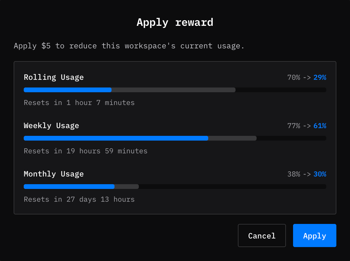 How much usage are reduced when using a referral reward in OpenCode