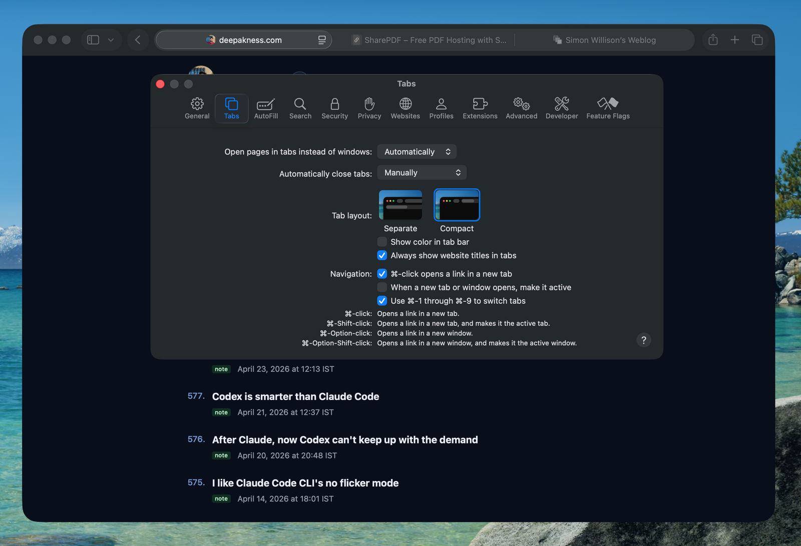 Compact tabs feature in the Safari browser. 