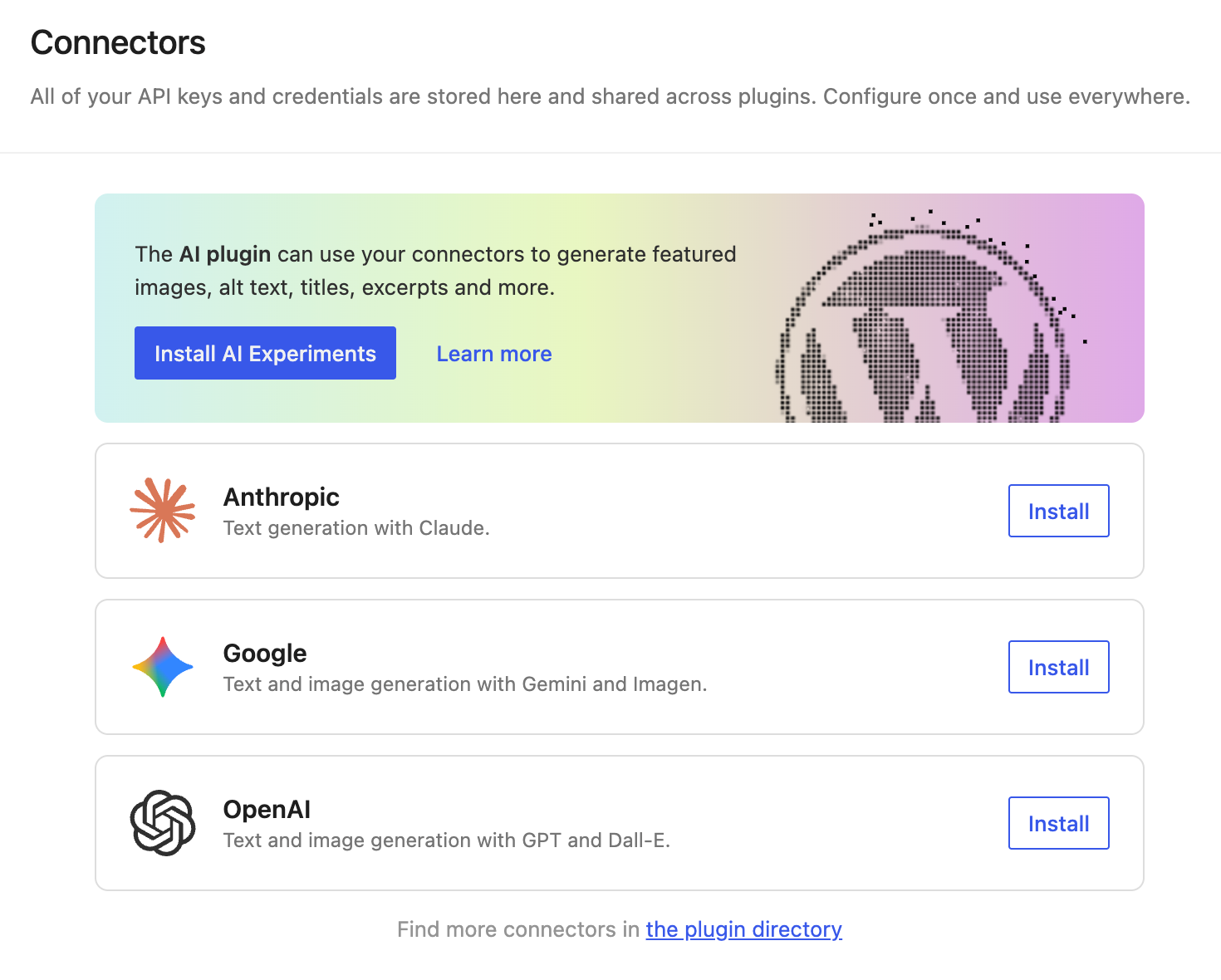 WordPress 7 AI connectors page
